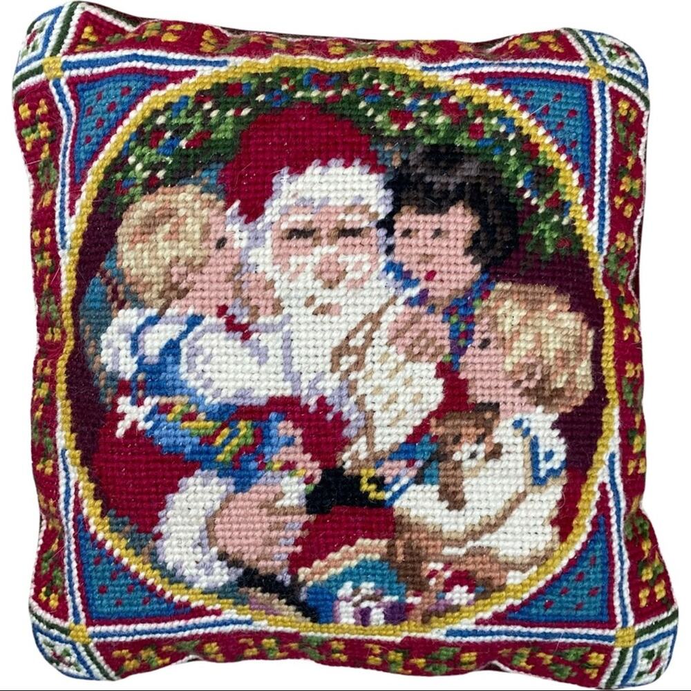 Vintage 100% wool Santa Christmas needlepoint pillow 10”x 10”